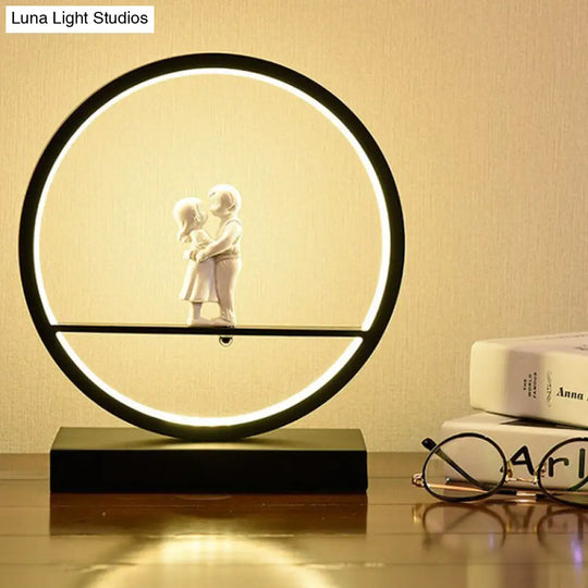 Romantic Acrylic Table Lamp: Simple Black/White Hoop Nightstand Light With Lover Statuette