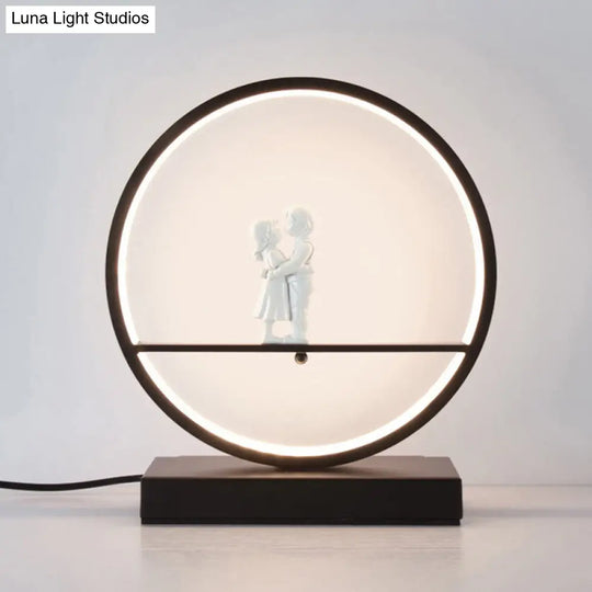 Romantic Acrylic Table Lamp: Simple Black/White Hoop Nightstand Light With Lover Statuette