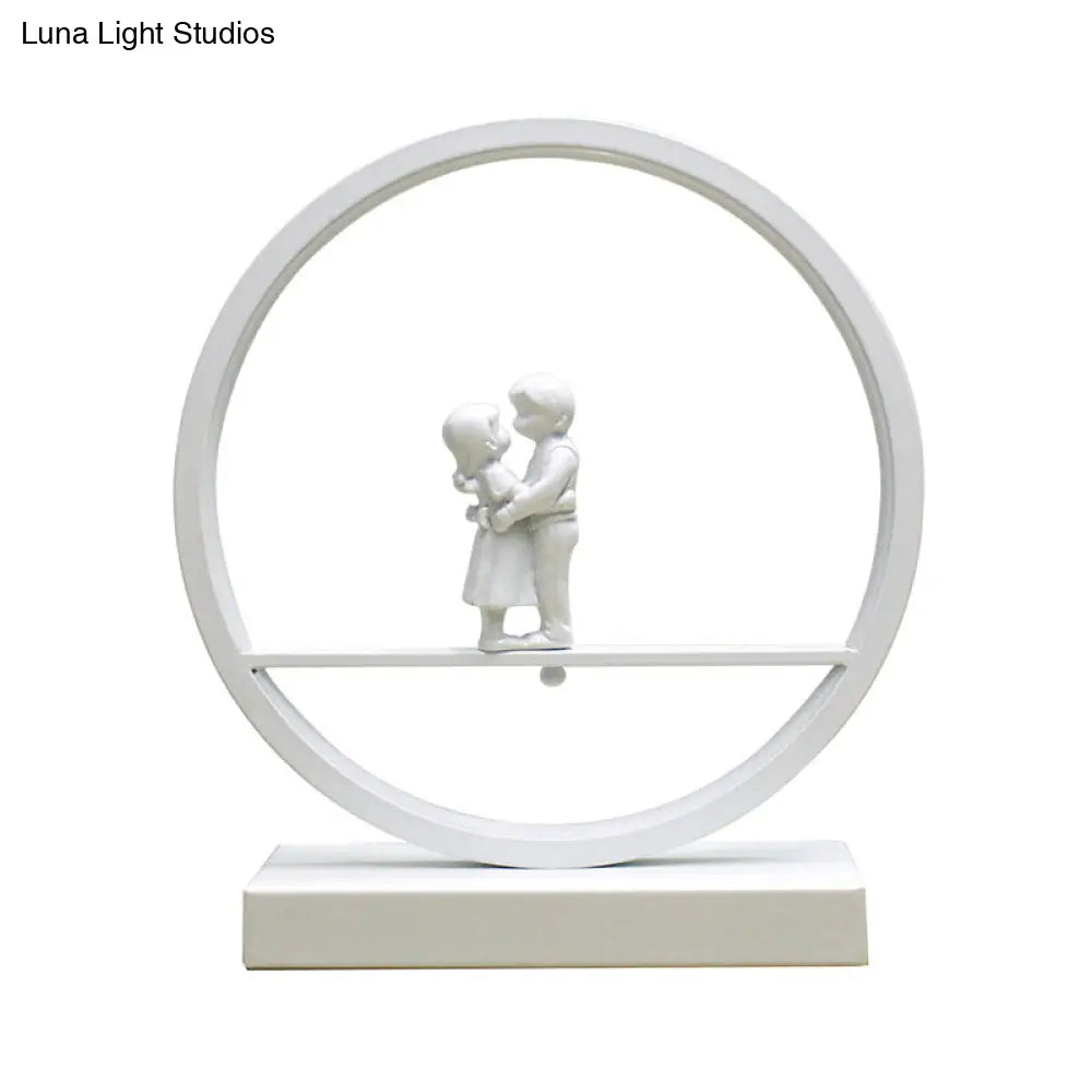 Romantic Acrylic Table Lamp: Simple Black/White Hoop Nightstand Light With Lover Statuette