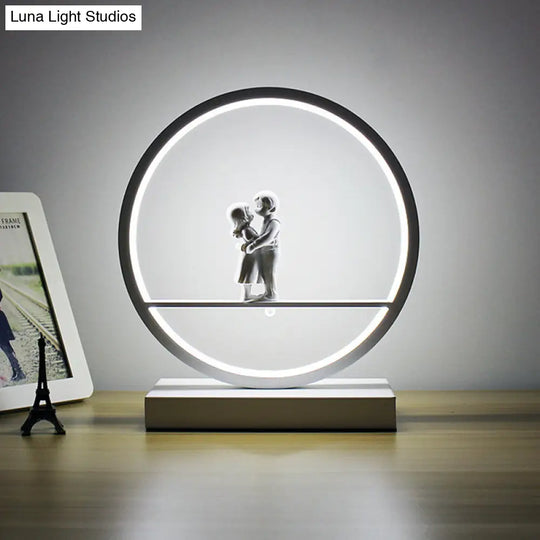 Romantic Acrylic Table Lamp: Simple Black/White Hoop Nightstand Light With Lover Statuette