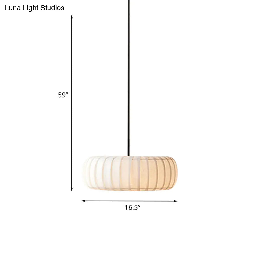 Simple 3-Bulb White Pendant Chandelier: Fabric Ribbed Wheel Design For Table Illumination