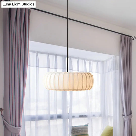 Simple 3-Bulb White Pendant Chandelier: Fabric Ribbed Wheel Design For Table Illumination