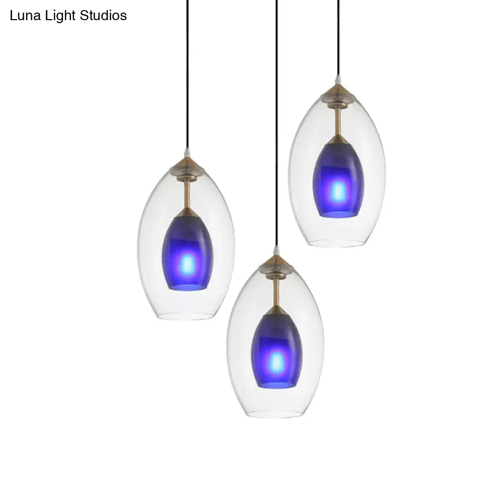 Simple 3-Light Oval Clear And Blue Multi Pendant Chandelier: White Ceiling Lamp