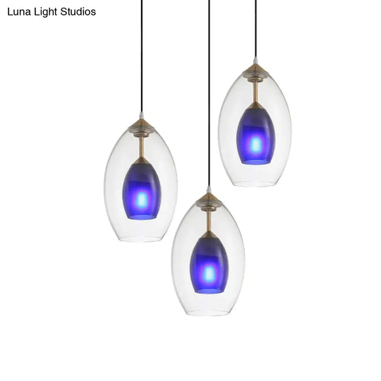 Simple 3-Light Oval Clear And Blue Multi Pendant Chandelier: White Ceiling Lamp