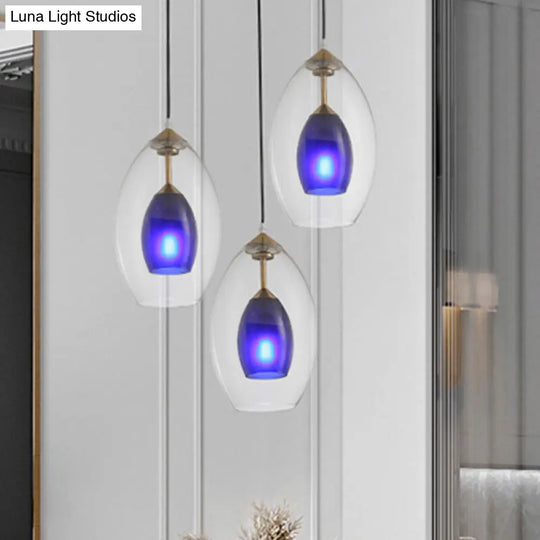 Simple Blue And Clear Oval Pendant Chandelier - 3-Light White Ceiling Lamp