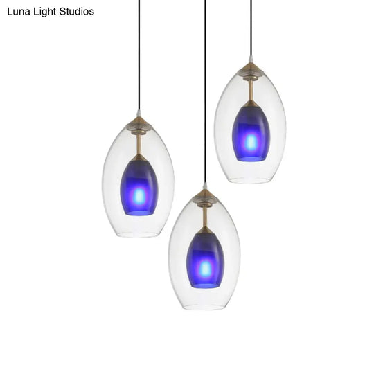 Simple Blue And Clear Oval Pendant Chandelier - 3-Light White Ceiling Lamp