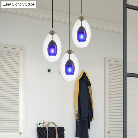 Simple Blue And Clear Oval Pendant Chandelier - 3-Light White Ceiling Lamp