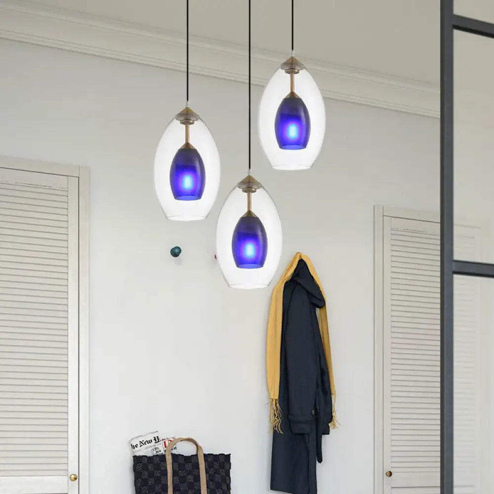 Simple 3-Light Oval Clear And Blue Multi Pendant Chandelier: White Ceiling Lamp