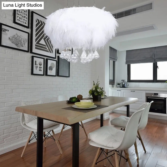 Simple 3-Light Round Fluff Chandelier With Crystal Drop - White Dining Room Ceiling Light