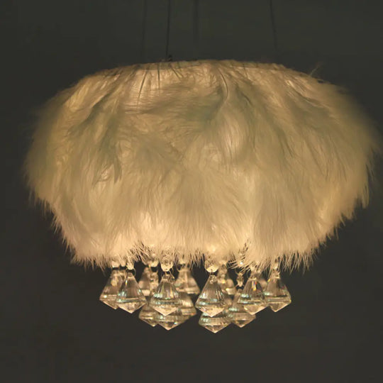 Simple 3-Light Round Fluff Chandelier With Crystal Drop - White Dining Room Ceiling Light