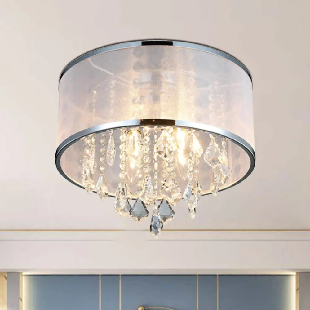 Simple 4 - Light Drum Shade Flush Mount Fixture For Bedroom Ceiling Light With Crystal Accent -