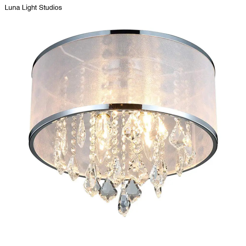 Simple 4 - Light Drum Shade Flush Mount Fixture For Bedroom Ceiling Light With Crystal Accent -