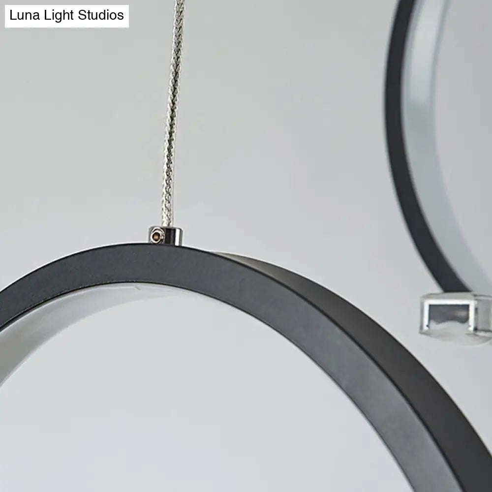 Simple Acrylic Linear And Ring Ceiling Chandelier - Black Hanging Light With Warm/White Glow