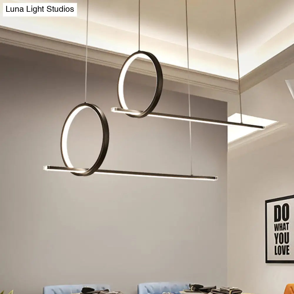 Simple Acrylic Linear And Ring Ceiling Chandelier - Black Hanging Light With Warm/White Glow