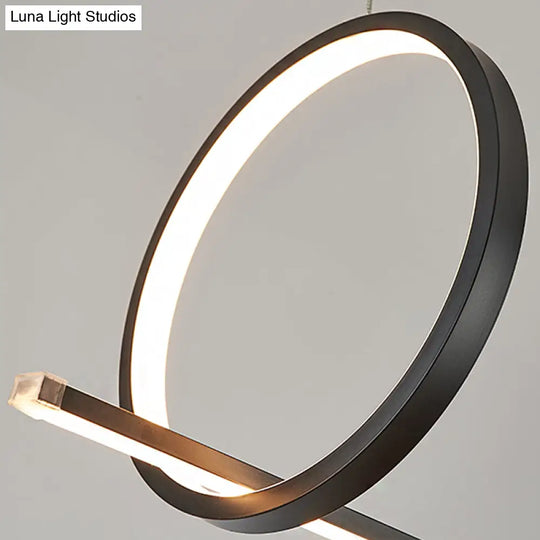 Simple Acrylic Linear And Ring Ceiling Chandelier - Black Hanging Light With Warm/White Glow