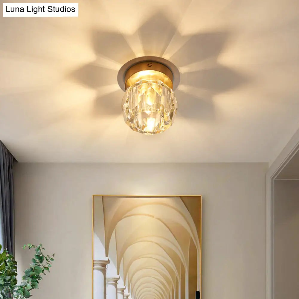 Simple And Elegant Mini Faceted Crystal Flush Light In Gold - Ideal For Corridors Small Spaces
