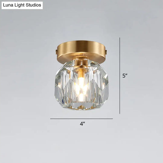 Simple And Elegant Mini Faceted Crystal Flush Light In Gold - Ideal For Corridors Small Spaces