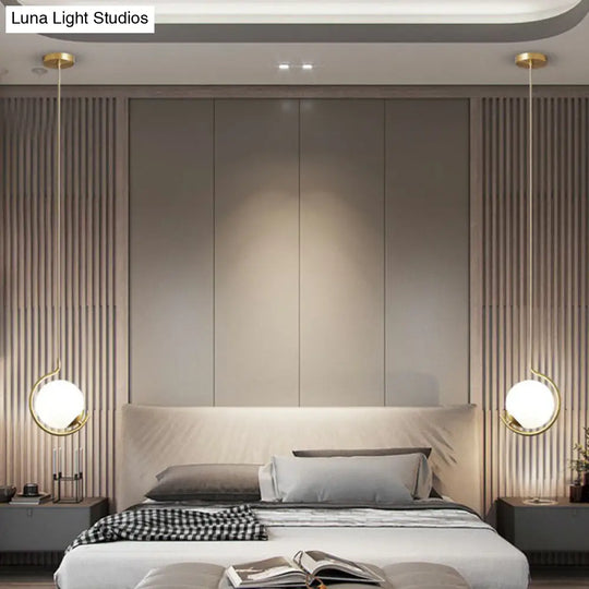 Simple Ball Pendant Light Cream Glass Bedside Suspension Lighting In Gold