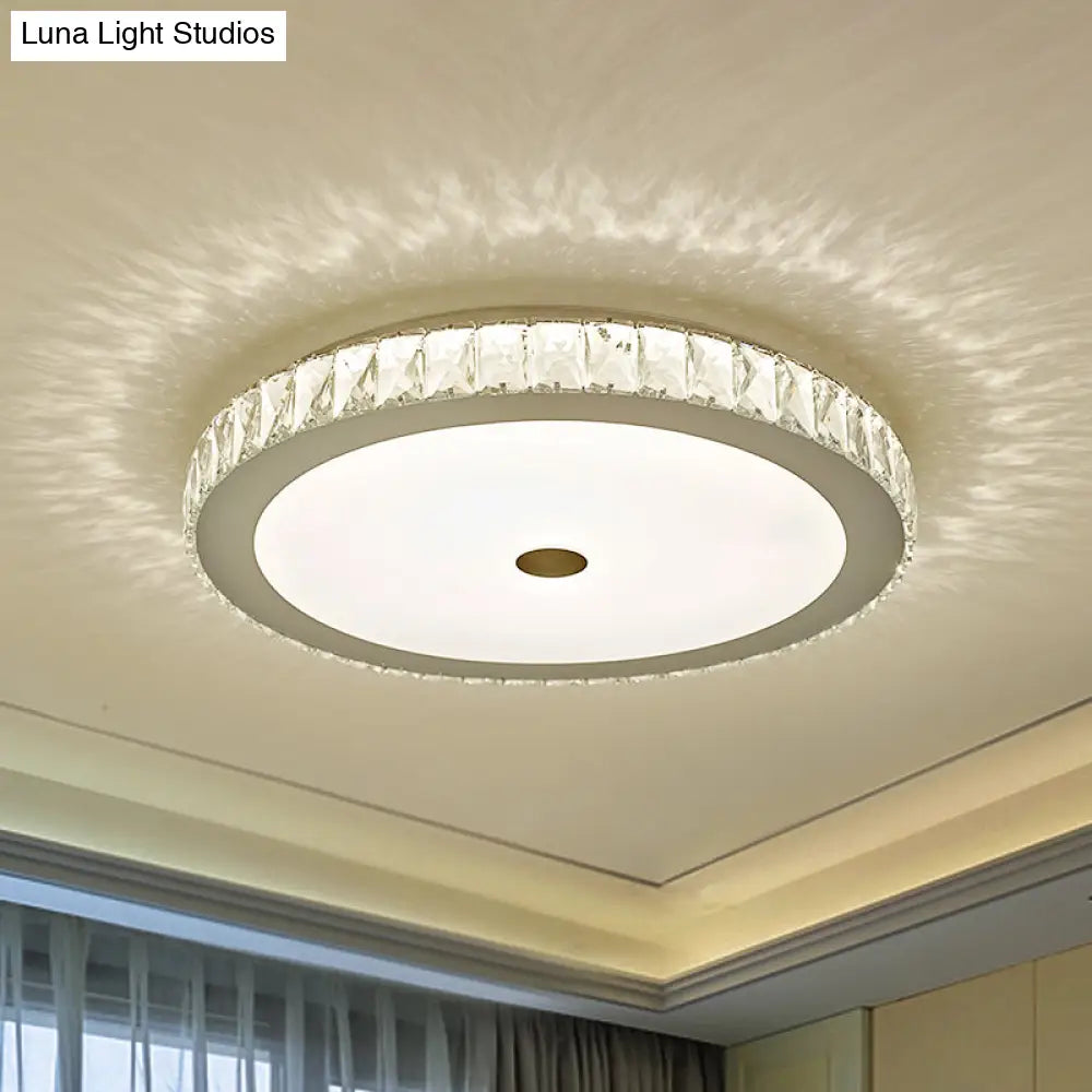 Simple Bedroom Led Beveled Crystal Circle Flushmount Ceiling Light In White