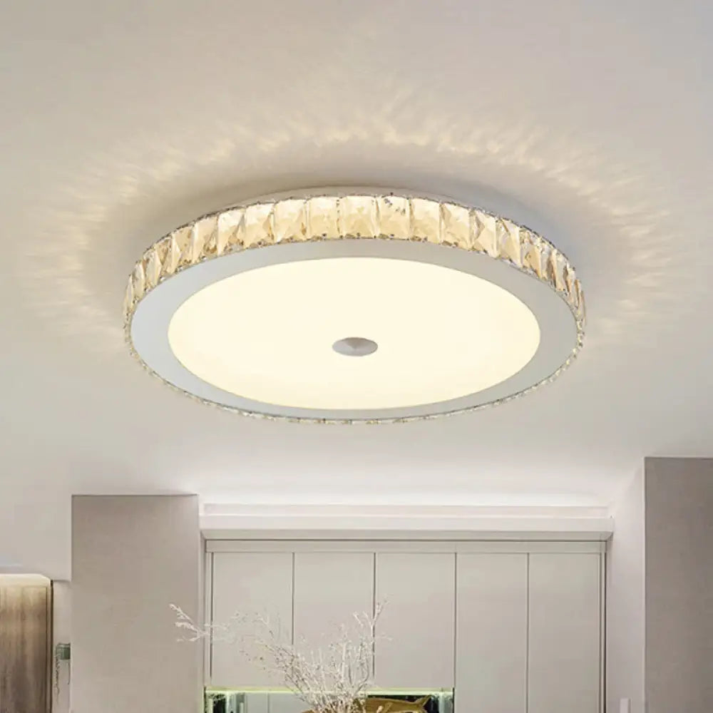 Simple Bedroom Led Beveled Crystal Circle Flushmount Ceiling Light In White Chrome