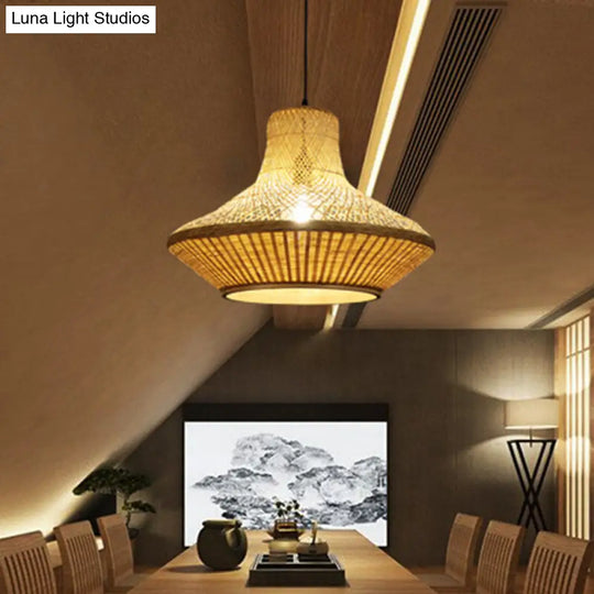 Beige Bamboo Lantern Pendant Light Kit For Dining Room With Down Lighting