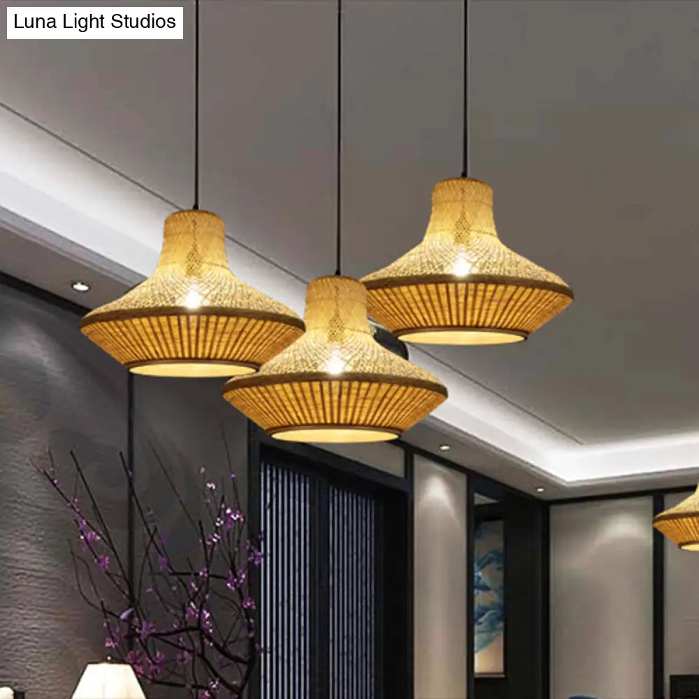 Beige Bamboo Lantern Pendant Light Kit For Dining Room With Down Lighting