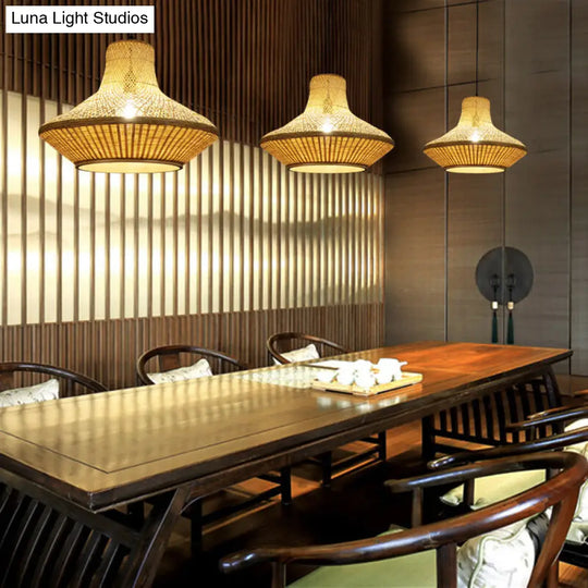 Beige Bamboo Lantern Pendant Light Kit For Dining Room With Down Lighting