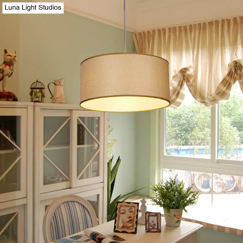 Simple Beige Fabric Drum Pendant Led Ceiling Light Fixture 12’/16’/19.5’ Dia