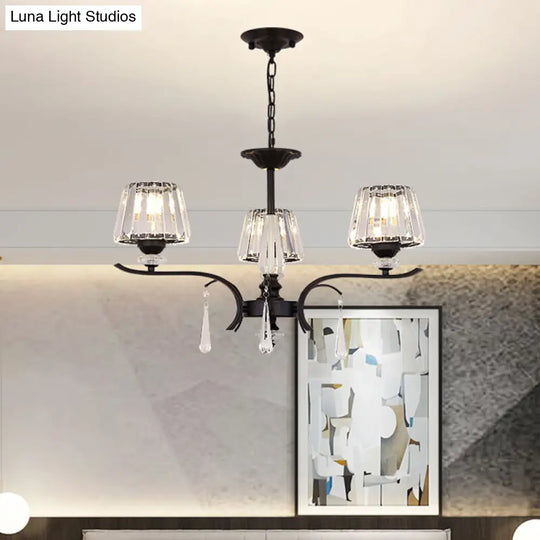 Black Beveled Crystal Conical Chandelier - Elegant 3-Light Ceiling Suspension Lamp With Droplet