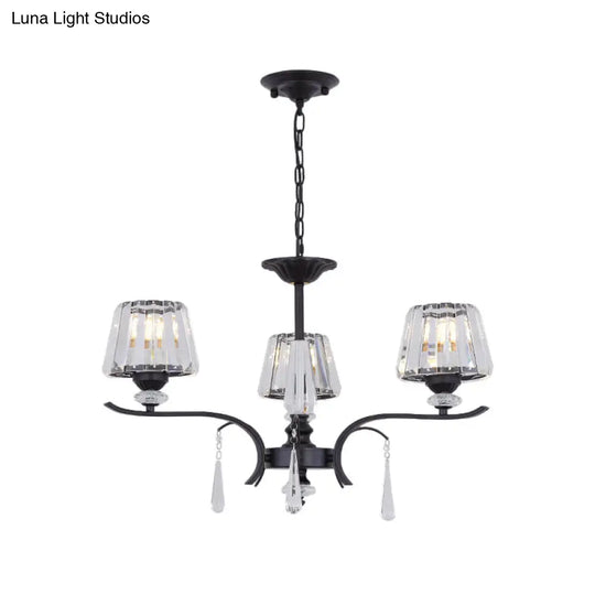 Black Beveled Crystal Conical Chandelier - Elegant 3-Light Ceiling Suspension Lamp With Droplet