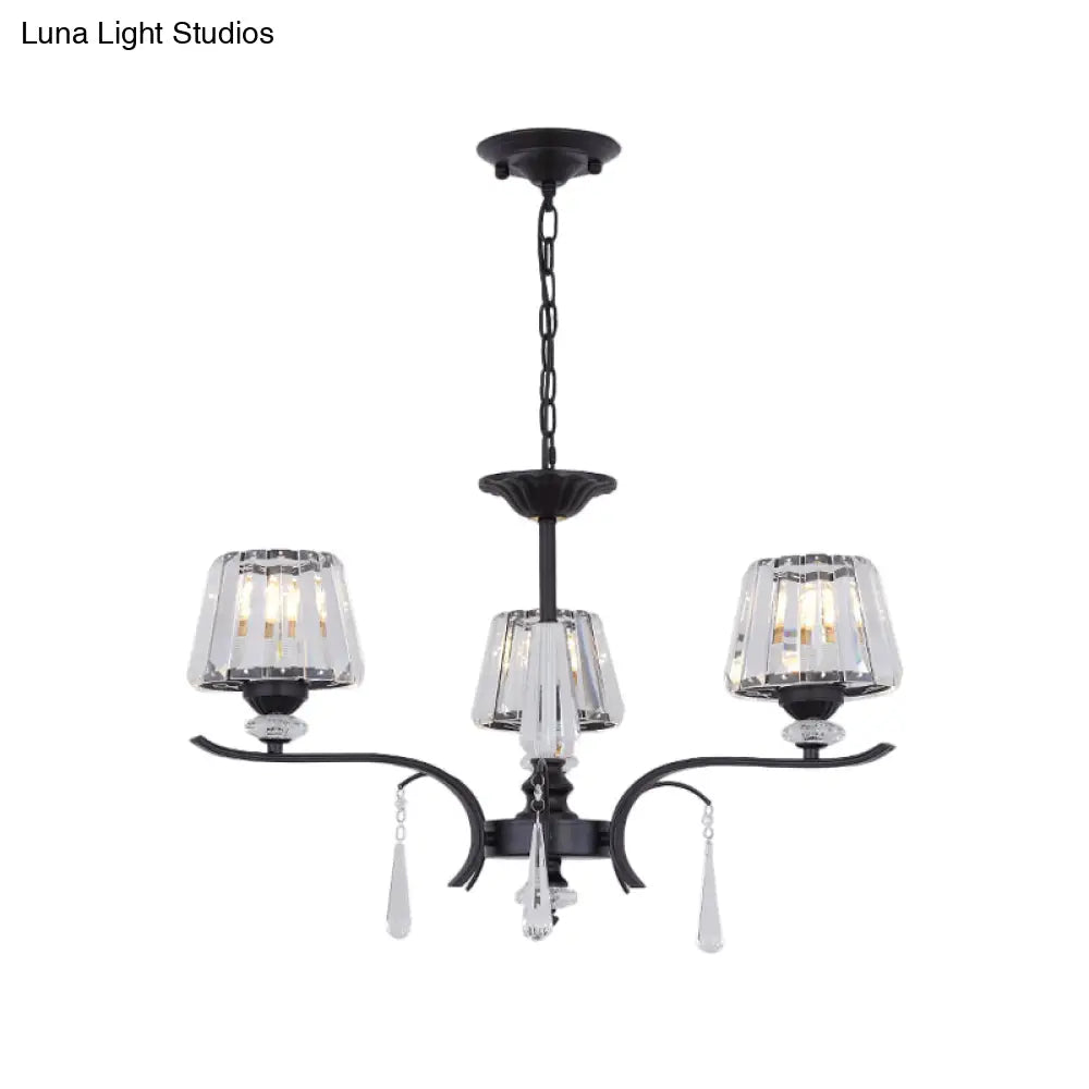 Simple Beveled Crystal Chandelier - 3 Lights Elegant Black Suspension Lamp With Droplet