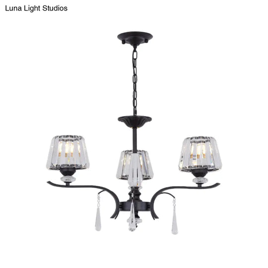 Simple Beveled Crystal Chandelier - 3 Lights Elegant Black Suspension Lamp With Droplet