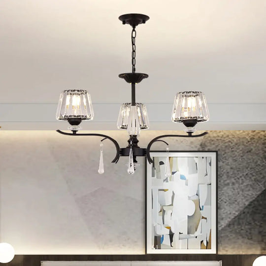 Simple Beveled Crystal Chandelier - 3 Lights Elegant Black Suspension Lamp With Droplet