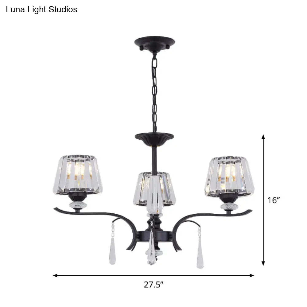 Black Beveled Crystal Conical Chandelier - Elegant 3-Light Ceiling Suspension Lamp With Droplet