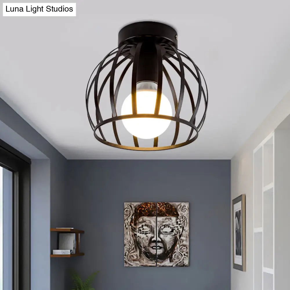 Simple Black And Gold Flush Mount Corridor Light With Iron Shade Globe Cage