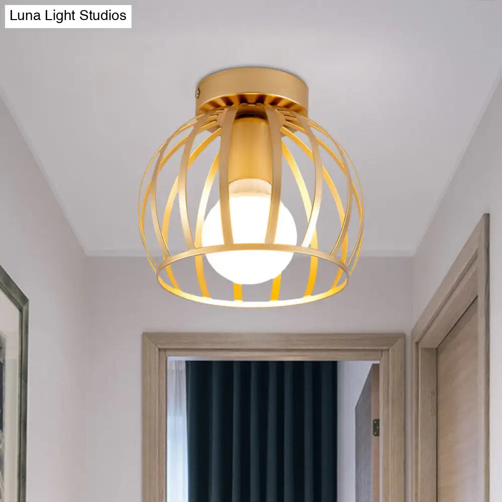 Simple Black And Gold Flush Mount Corridor Light With Iron Shade Globe Cage