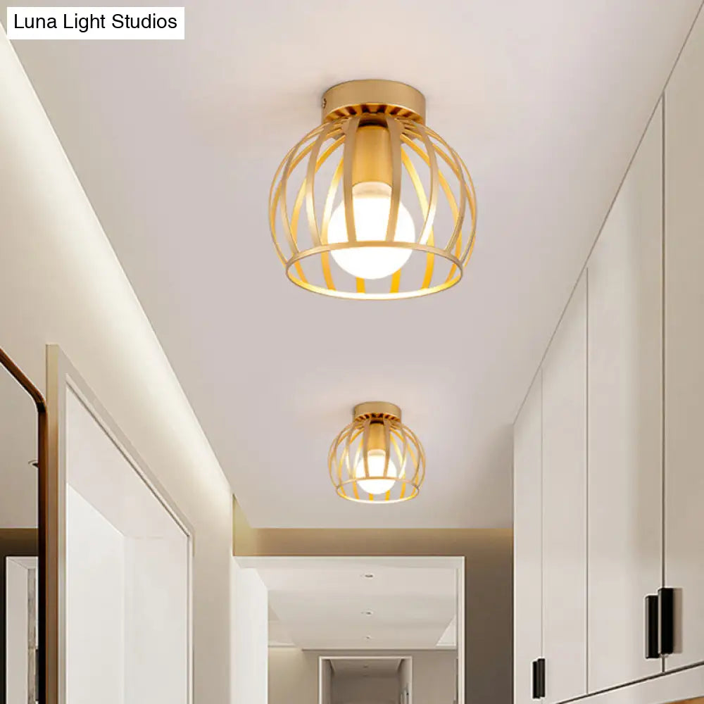 Simple Black And Gold Flush Mount Corridor Light With Iron Shade Globe Cage