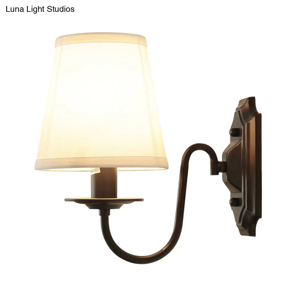 Simple Black Fabric Tapered Wall Lamp With Curved Arm Ideal For Single Corridor Lighting