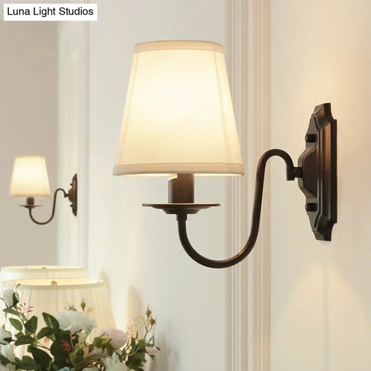 Simple Black Fabric Tapered Wall Lamp With Curved Arm Ideal For Single Corridor Lighting