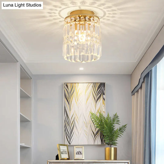 Simple Black/Gold Cylinder Crystal Ceiling Flush Mount - 1-Light Corridor Mini Lamp