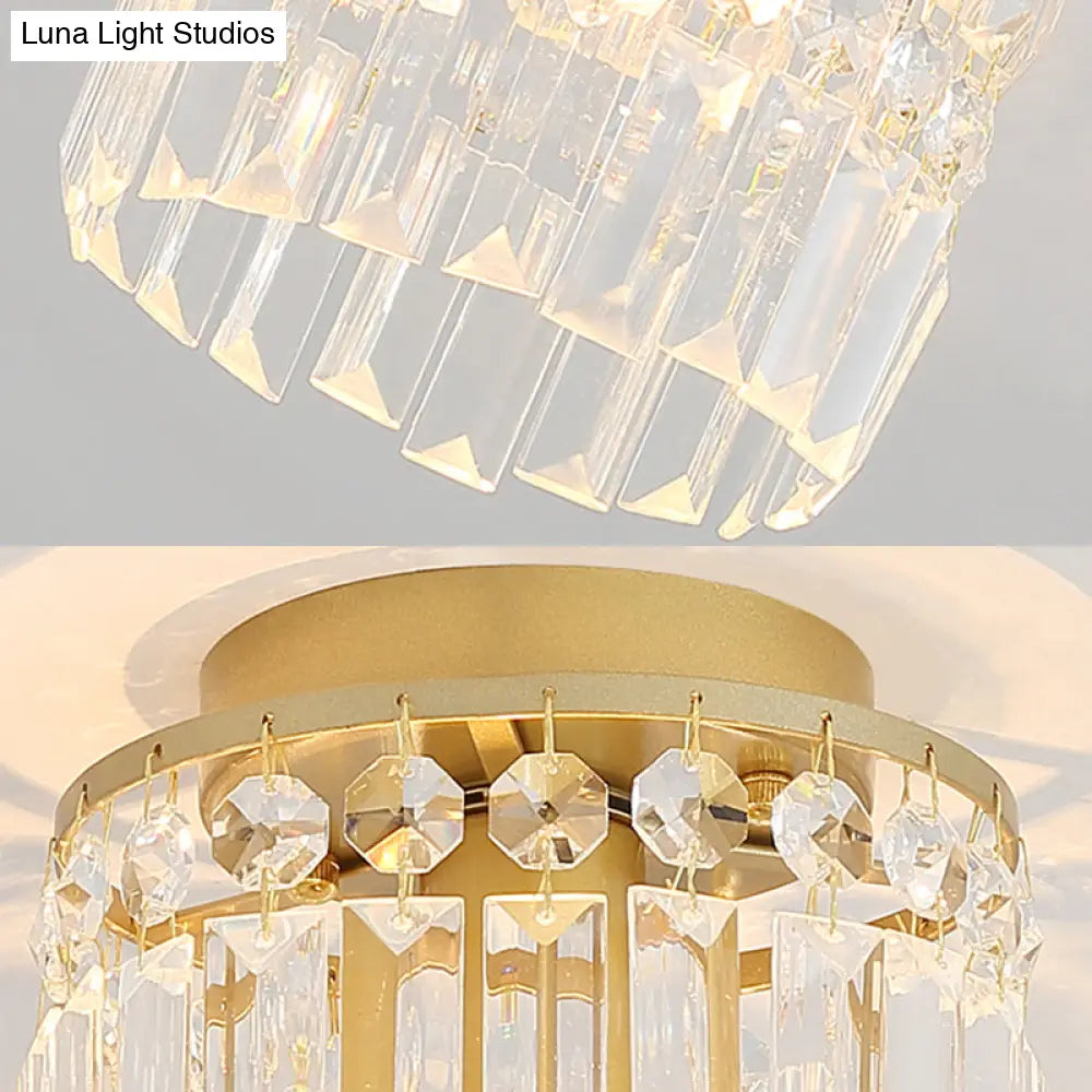 Simple Black/Gold Cylinder Crystal Ceiling Flush Mount - 1-Light Corridor Mini Lamp