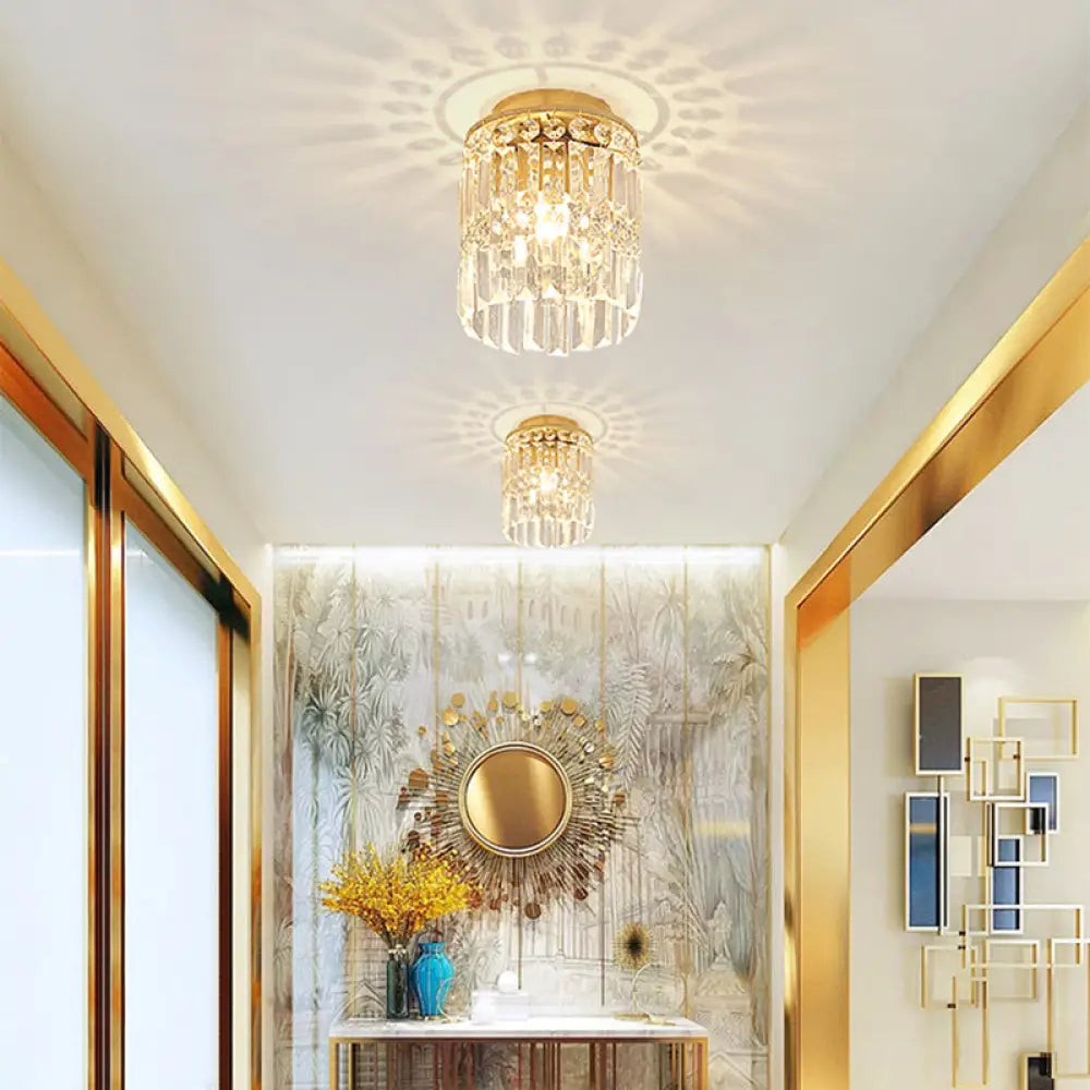 Simple Black/Gold Cylinder Crystal Ceiling Flush Mount - 1-Light Corridor Mini Lamp Gold