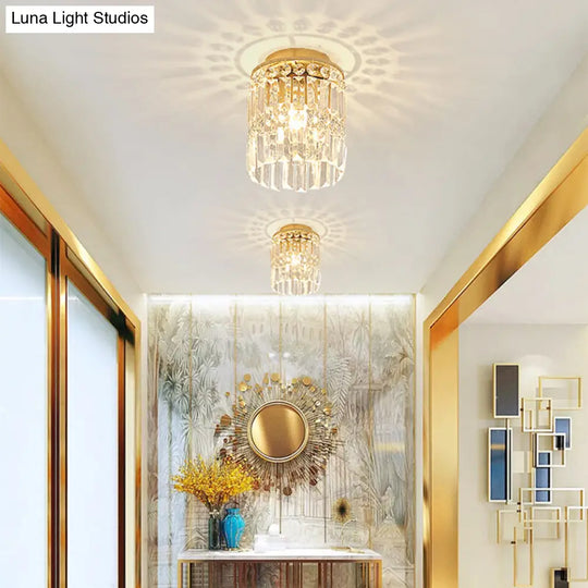 Simple Black/Gold Cylinder Crystal Ceiling Flush Mount - 1-Light Corridor Mini Lamp Gold