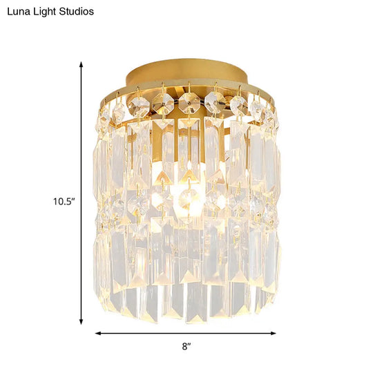 Simple Black/Gold Cylinder Crystal Ceiling Flush Mount - 1-Light Corridor Mini Lamp