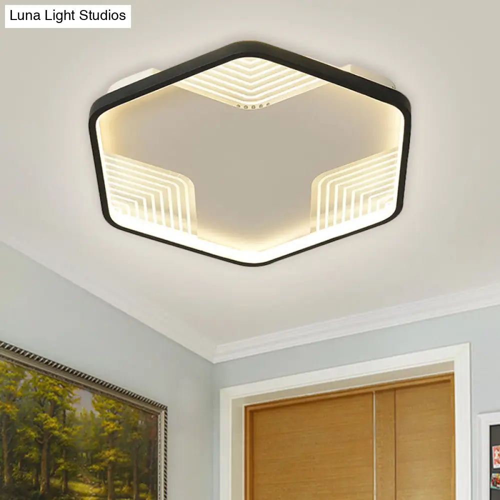 Simple Black Led Ceiling Lamp - Kitchen Flush Mount With Acrylic Hexagon Shade In Warm/White Light