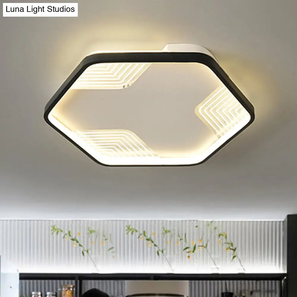 Simple Black Led Ceiling Lamp - Kitchen Flush Mount With Acrylic Hexagon Shade In Warm/White Light