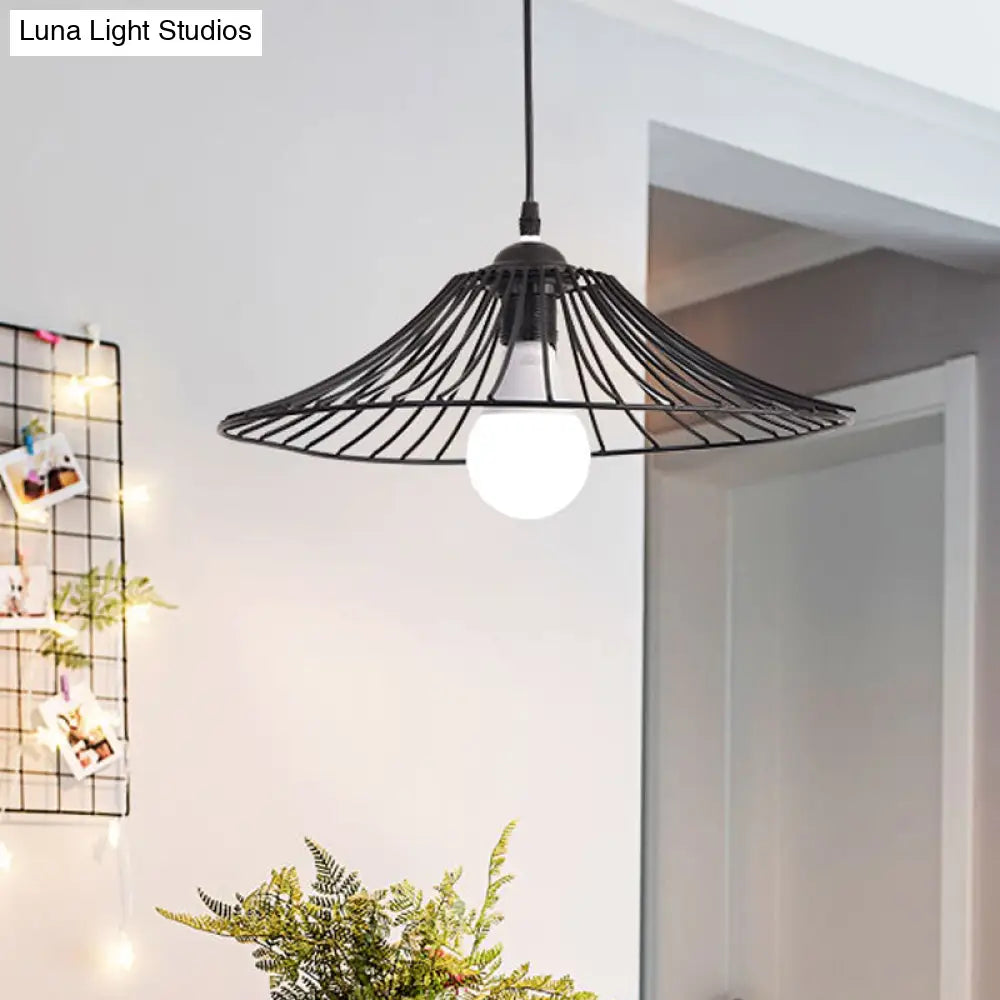 Simple Black Lotus Leaf Cage Pendant Light - Elegant Iron Hanging Lamp For Dining Room