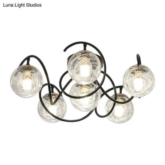 Simple Black Semi Flush Mount Ceiling Lamp With 6 Bulbs And Global Clear/Smoke Gray Glass Shade