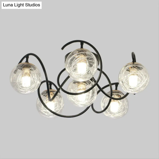 Simple Black Semi Flush Mount Ceiling Lamp With 6 Bulbs And Global Clear/Smoke Gray Glass Shade