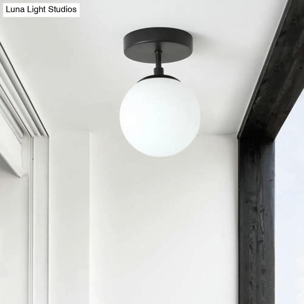 Simple Black Semi Flush Mount Ceiling Light With Milk Glass Shade - Ideal For Corridors And Hallways